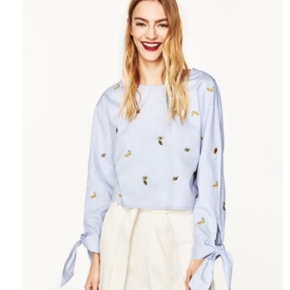 Zara Chambray Light Blue Open Back Embroidered Fruit Shirt Women’s Size Small - Picture 9 of 10